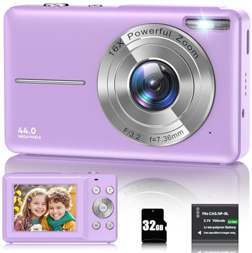 Appareil Photo Numérique 1080P Appareil Photo 44 MP Appareil Photo Compact Portable avec Écran LCD 2,4, Zoom Numérique 16X, Carte Mémoire Micro 32 G, 1 Batterie pour Adolescents, Étudiants-Blanc
