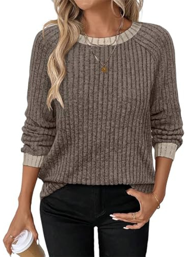 GUCURIN Jersey Mujer Punto Invierno Manga Larga Suelto Cuello Redondo Ligero Sweater Bloque de Color Rayas Casual Blusas,Marrón,XXL