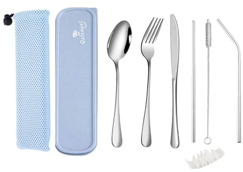 QZLSAYSL 9-teiliges Camping Geschirr Set aus Edelstahl mit Aufbewahrungsetui, Verstärktes Etui mit Schnallenverschluss, Geeignet für Outdoor Camping und Reisen (Blau)