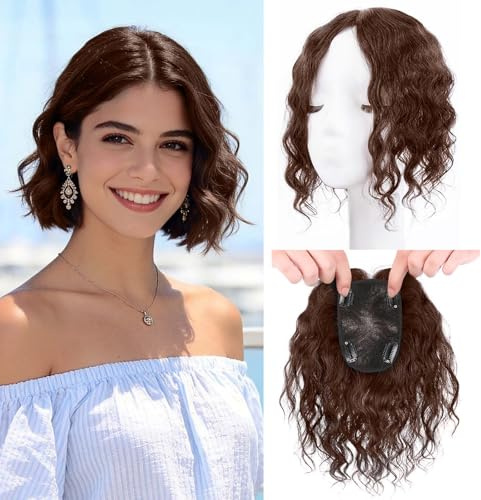 EREE HAIR Lockiges Echthaar-Toupet für Frauen mit dünner werdendem Haar, Freier Scheitel 9 x 14 cm, Handgefertigte Schweizer Spitze, Clip-in-Welle, Echthaar-Extension, Damen-Toupet, Mokkabraun