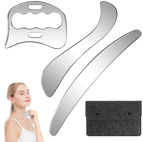 Gua Sha Edelstahl, 3 in 1 Gua Sha Schaber mit Filz Aufbewahrungstasche, Muskel Faszien Schaber Körper Guasha Tools Lymphdrainage Massagegerät für Beine Rücken Gesicht Nacken