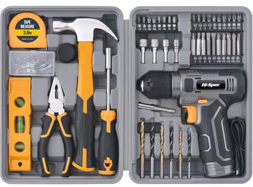 Hi-Spec 8V USB Cordless Drill Driver & Starter Tool Kit for Home DIY, Gray | Fast assembly jobs, cord-free control, compact case storage, wood metal masonry accessories, project ready, fast setup