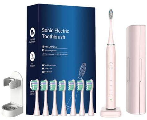 ProSonic V1 – Professionelle Zahnreinigung mit Schalltechnologie für glattere Zähne und optimale Mundhygiene Elektrische Schallzahnbürste - Reiseetui, Ladestation, 5 Putzmodi, 8 Bürstenköpfe