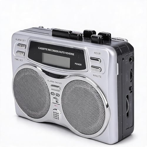 Bewinner Reproductor de casete retro multifuncional con altavoz integrado, conector para auriculares, reloj digital, temporizador, radio AM, FM, grabación de micrófono