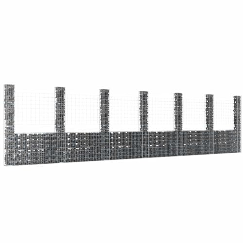 Muro de piedra como valla de jardín, protección visual, cesta de gaviones en forma de U con 7 columnas, hierro, 740 x 20 x 200 cm, para jardín, terraza, balcón