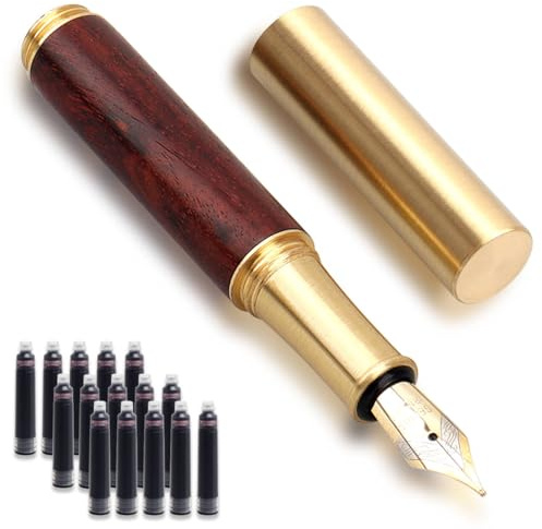 Cheynn Mini penna stilografica in legno, con tasca corta, 0,5 mm, punta fine, vintage, rosso scuro, calligrafia, con 15 nero, 2,6 mm, pezzi di ricambio per journaling, ufficio, materiale scolastico