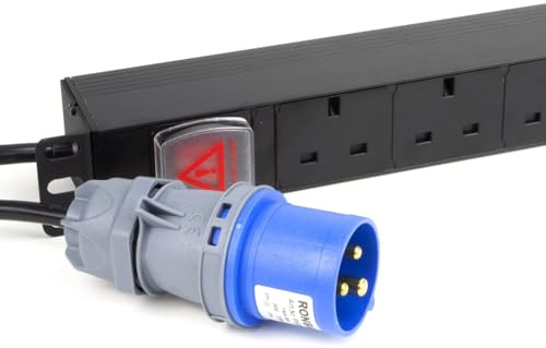 kenable PDU 6 Way UK Power Distribution Unit 16A Commando Plug Horizontal Rack Mount 19 Inch 3m Cable 4000W Industrial