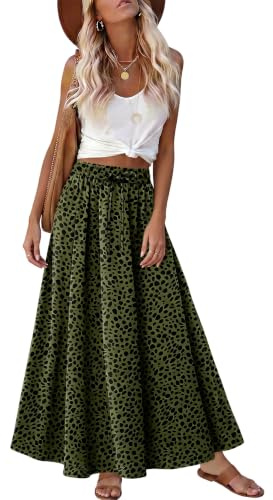 KISSMODA Maxi Skirt for Women Summer Long Skirts Casual Vacation Boho Skirt | Elasticated High-waisted Waistband and Adjustable Drawstring, Classic Boho Beach Vacation Maxi Skirts, Flowy A-line Skirt