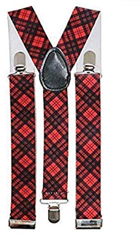 WickedFun Girls Boys Women's Mens Ladies Adjustable Braces Suspenders Fancy Dress Unisex (Red Tartan)