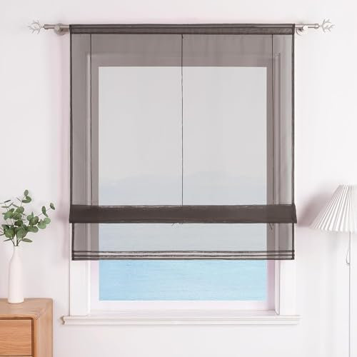 ESLIR Raffrollo Küche Raffgardine mit Tunnelzug Bändchenrollo Weiß Voile Gardinen Transparent Grau BxH 60x155cm 1 Stück