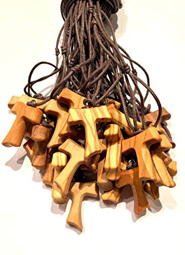 IL SOLE Tau in Legno di ulivo, Croce di San Francesco d'Assisi 2,5 Centimetri 20 Pezzi Pezzi con i 3 Nodi Francescani con 1 Certificato di qualità Realizzato nelle vicinanze di Assisi