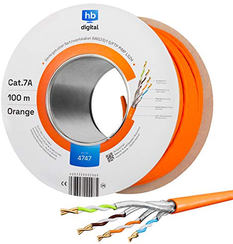 HB-DIGITAL 100m CAT.7a Netzwerkkabel LAN Kabel Verlegekabel AWG 23 Reines Kupfer S/FTP PiMF LSZH Halogenfrei RoHS-Compliant Ethernet Installationskabel Datenkabel PoE 10Gbit/s max. 1200MHz Orange