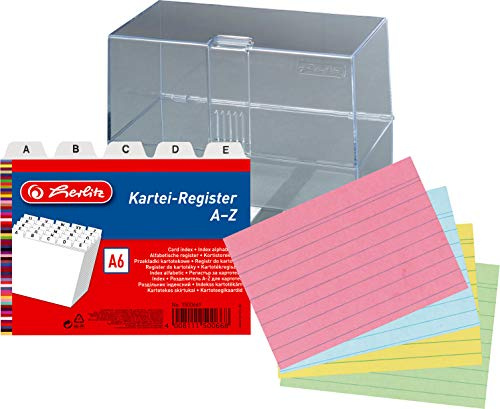 Herlitz Karteikasten leer transparent A7 inklusive 200 farbige Karteikarten liniert und passenden Karteiregistern