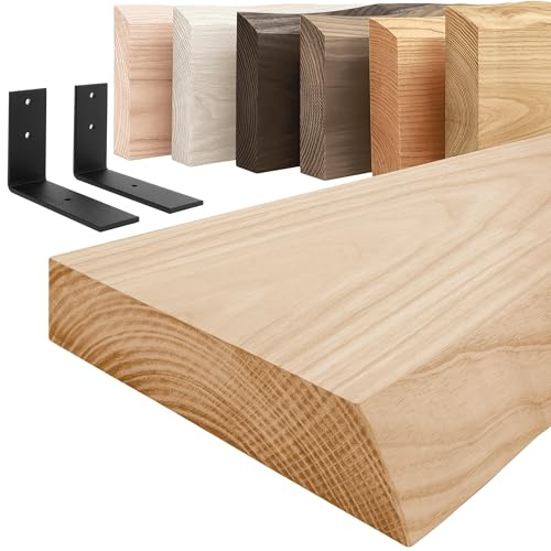 LAMO Manufaktur Holzregal mit schwarzen L-förmigen Halterungen | Wand Regal 80 cm breit für Wohnzimmer, Küche, Büro im Industrial-Stil | Farbe: Natur, Kante: natürlich | Massivholz, Vintage-Charakter