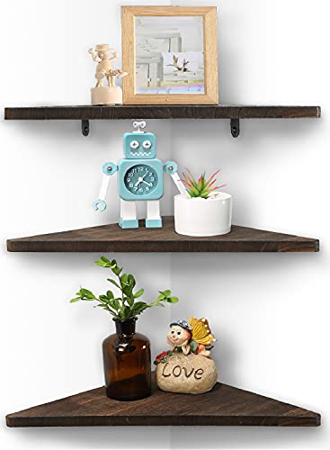 Joiishom Eckwandregal 3er Set, Schwebende Eckregale, Rustikale Holz Wandaufbewahrung Display Regale für Wohnzimmer, Schlafzimmer, Badezimmer, Küche (Dunkelbraun)