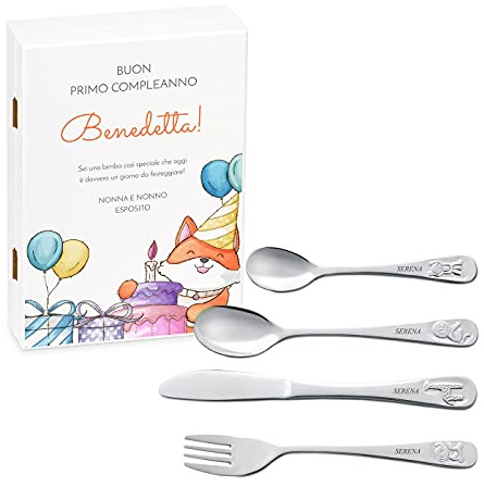 Maverton Set di 4 posate per bambini con incisione + scatola in legno con stampa personalizzata - motivo animali - idee regalo per battesimo bimba - palloncini