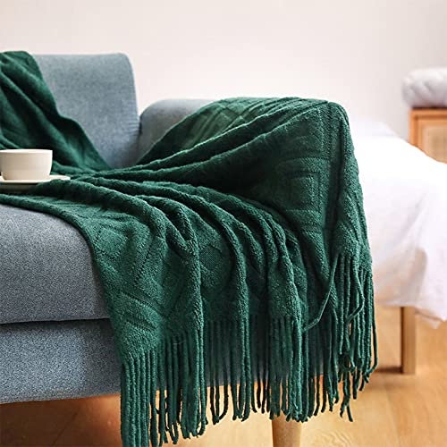 Zoomlie Weiche Strickdecke mit Fransen und Quasten, 130 x 170 cm, grüner Plüsch-Jacquard, Diamant-Textur, gemütliche warme Decke für Sofas, Sessel, alle Jahreszeiten (grün, 130 x 230 cm)