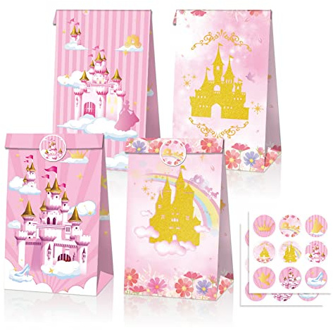 12 st prinsessfest gåva presentväska, rosa prinsessa slott godis godispåsar prinsessa fest gåva väskor med klistermärken prinsesstema födelsedagsfest tillbehör