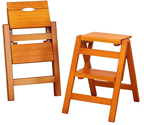 Hamankim Folding Step Stool Wooden 2 Steps Ladder Stool, Multifunction Foldable Ladders Chair Rack Portable Stepladder Stairway Chairs for Home Kitchen Library