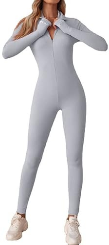 Litthing Monos de Yoga Para Mujer Bodycon de Manga Larga de Una Pieza Mono Deportivo Sexy Ropa Deportiva Con Cremallera Conjunto de Gimnasio Chándal Ajustado Elástico Acanalados Romper