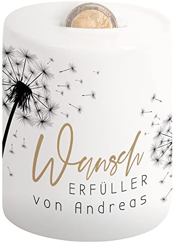 Elegante Spardose „Wunscherfüller“ personalisiert mit Namen – mit Pusteblume - Geldgeschenke Geschenkideen Sparbüchse | Geschenke für Freundin, Kollegen & Partner zum Geburtstag, Weihnachten