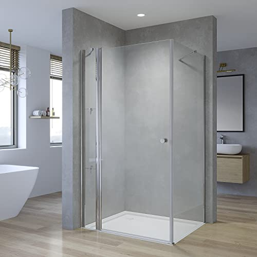 Duschkabine Eckeinstieg 90x75 x 197 cm Duschabtrennung Duschwand Glas Eck Dusche Duschtür an Festteil mit festem Seitenteil Eckdusche rahmenlos Drehtür Schwingtür Pendeltür Eckregale Eckablage