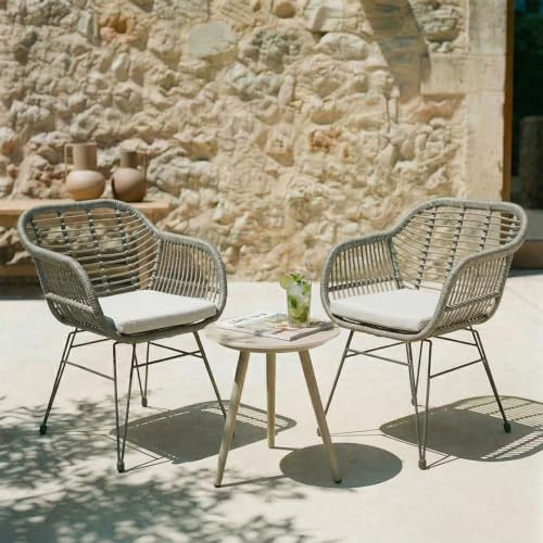 IDIMEX Gartenstuhl Paramo im 2er Set, Grau/Champagner - Korbstuhl aus Polyrattan, Outdoor Stuhl mit gemütlichem Sitzkissen, moderner Esszimmerstuhl
