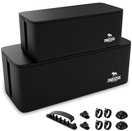 DMoose Cable Management Box - 2 Pack Medium & Large Cord Organizer for Desk & Floor, Cable Organizer Box for Child & Pet - Cable Box Hider for Tidy Office & Home, Power Strip Cover (Black - Pack of 2)
