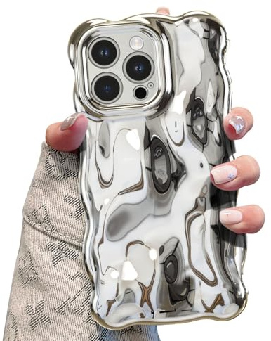 UEEBAI Case for iPhone 14 Pro 6.1 inch, Cute Solid Color Curly Wave Shape Shockproof Soft TPU Bumper Phone Case, Candy Water Ripple 3D Silicone Slim Pretty Case Non-yellowing Cover,Silver