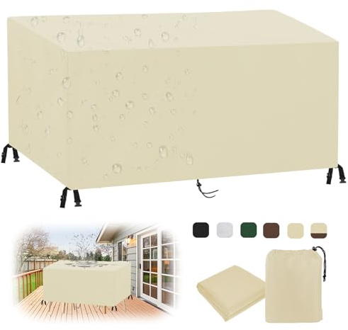 MAIFENGL Coperture per Mobili da Giardino, Copertura Tavolo Esterno Impermeabile Resistenza ai Raggi UV Antivento 420D Oxford Copertura Protettive-Beige||160x100x75cm/63x39x30in