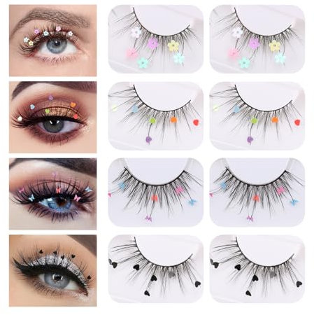 Beau Fairy Faux Cils Kit, 4 Paires 7D Autocollants à Paillettes Naturel Faux Cils, Fake Lashes Moelleux Faits à La Main, Sans Colle Requise, Réutilisables, Fête Halloween Noël Utiliser
