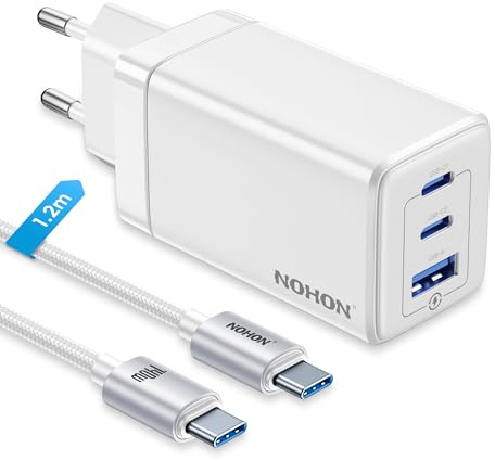 NOHON USB-C Ladegerät Fast Charger: 65W GaN 3-Port Schnellladegerät PD3.0 mit 140W Typ-C 1.2M ladekabel | PPS kompatibel mit iPad Pro Air Galaxy S23 | für iPhone 15 14 13 12 Mini Pro Max | Weiß