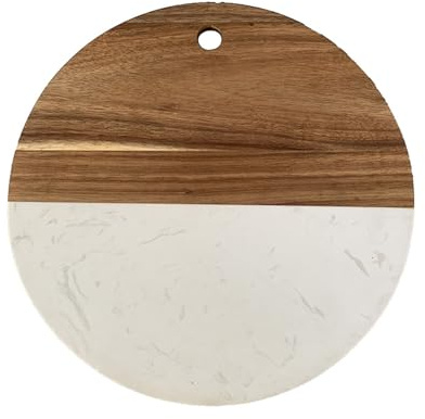 Ptatt rotondo tagliere di pallet con marmo bianco e legno, board da portata di 11,8 pollici per frutti di bistecca con foro sospeso, tagliare la tavola per il pane c White-30cm