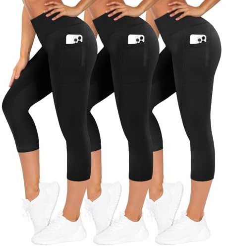 TNNZEET 3er Pack Leggings Damen 3/4 mit Taschen Caprihose Sommer für Sport | High Waist Capri Sporthose Bequeme 7/8 Sommerhose Elastisch Dreiviertel Yogahose für Gym