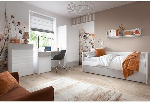 Lomadox Jugendzimmer Set Bett Liegefläche 90x200 mit Bettschublade Kleiderschrank Wandboard Schreibtisch Kommode weiß grau