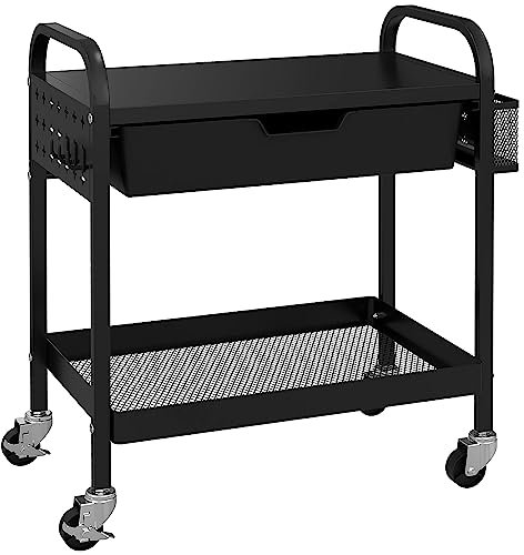 HOMCOM Carrello da Cucina con Cesto Portaoggetti, Cassetto Estraibile e 3 Ganci, Carrello Multiuso in PP e Metallo con Maniglie, 61x32.6x58.5 cm, Nero
