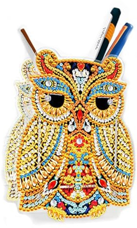 Lebartm Porte-stylo à peinture diamant à faire soi-même - Ornements de bureau - Porte-crayons double face - Porte-pinceaux de maquillage - Fournitures de bureau pour la maison et l'école - Owl01