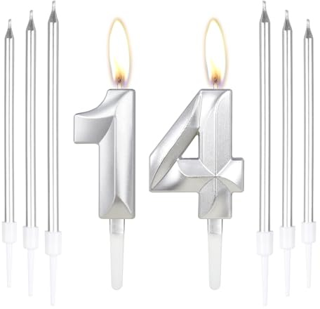 Silberne Kerzen zum 14ste Geburtstagskerze, Zahl 14 Kerzen mit 6 Langen Kerzen, Geburtstagsparty Kuchen Dekoration für Geburtstag, Party, Hochzeitstag