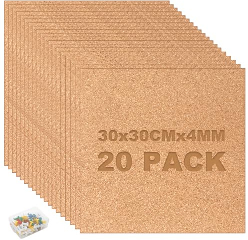 GBACHOOSE 20 PCS Tableau Liege, Tableau en Liege 30 x 30 cm D'épaisseur 4mm, Panneau Liege avec 60 Punaises, Tableau Liege Mural Pour Décoration Murale, Panneaux D'affichage, Murs Photo, Publicité