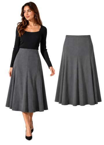 Inspire Me Womens Skirts 8 Panel Half Elasticated 27 Inch Knee Length Casual Stretchy Flared Work Dress Maxi Skirt Ladies Soft Stretch Pleated Skirt Multiple Colours Girls School Skirt(Grey, 16)