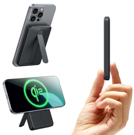 ESR Qi2 Zertifiziertes MagSafe Power Bank, Ständer 5000mAh 15W Schnell Ladendes Tragbares Ladegerät, 1,5cm Ultrakompakte Powerbank, MagSafe Ladegerät mit USB-C Kabel für iPhone 16/15/14/13/12, Schwarz