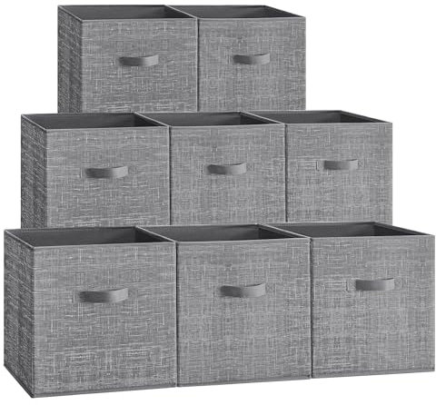 SONGMICS Storage Cubes, 33 cm Non-Woven Fabric Bins with Double Handles, Set of 8, Wardrobe Organisers for Shelves, Foldable, for Clothes, Cattail Grey ROB833G01