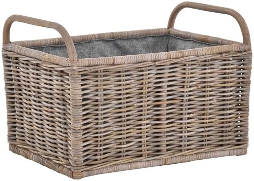Holz Tragekorb mit Griffen Holzkorb mit Inlett Aufbewahrung Rattan Korb mit Henkel (Groß, Grau Natur)