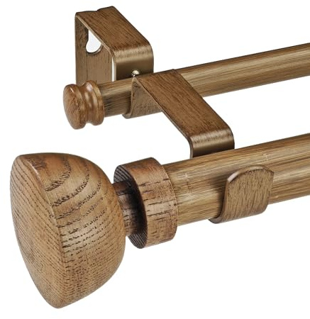 SKYPLUS LIVING Faux Wood Style Curtain Rod Set with Wood Grain Round Finial, 72-144 inch, Standard Double Drapery Rod for 1 Pack, 1 inch diameter, Adjustable Length