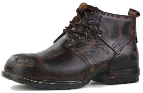 OSSTONE Scratch Black Metal Toe Design för extra stöttålighet, motorcykelstövlar för män, fotled, promenad, mode, snörning, läder, Chukka, stövlar OS-6015-3-A-R, Retro brun, 46 EU