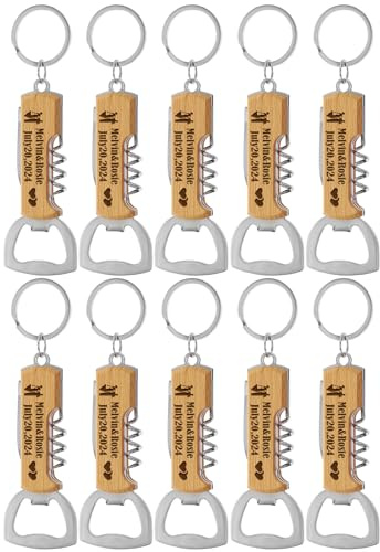 Stepdiy 10 Stück Personalisierte Multifunktionale hölzerne Flaschenöffner für Hochzeitsparty, Hochzeitsgeschenke für Gäste, gravierte Flaschenöffner Schlüsselanhänger