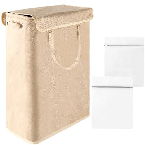 CYEER Wäschekorb mit Deckel 45L - Schmaler Wäschesammler mit Wäschesack, 20 CM für Badezimmer, Schlafzimmer, Waschräume, Hauswirtschaftsräume (Beige)