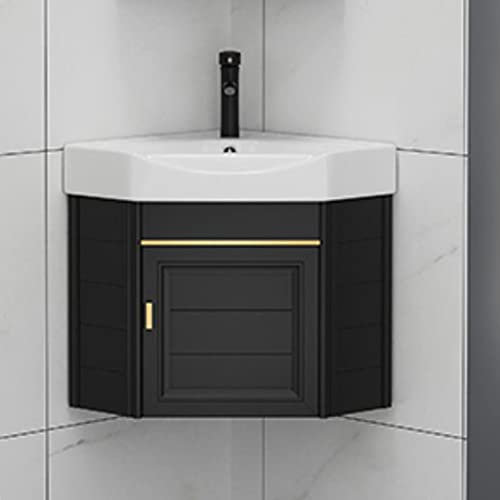 Moderno mueble de baño esquinero montado en la pared con fregadero de cerámica, pequeño ahorro de espacio, solución de almacenamiento para lavandería, incluye grifo de frío y calor.