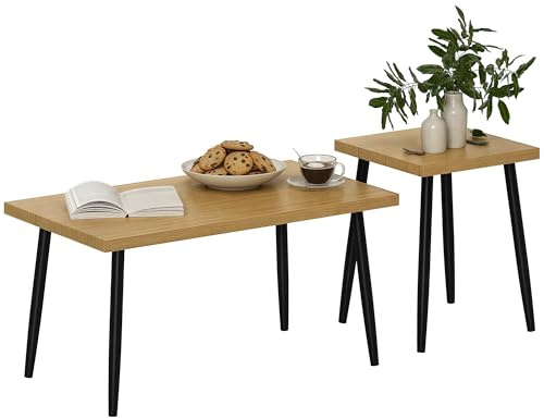 HOMCOM Couchtisch 2er Set Beistelltisch mit Stahlrahmen, Wohnzimmertisch Kaffeetisch für Wohnzimmer Natur