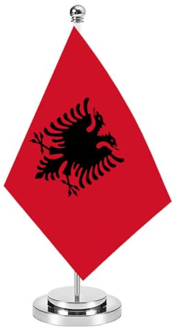 Albanien Miniature Desk Flag Set,8x5 Inch albanisch kleine Flagge mit 12 Zoll hellen Silber Flagge Pole, Deluxe Dekorationen für Haus Büro Tagungstisch